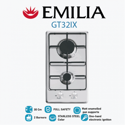 Emilia Built-in Gas Hob 30cm 2 Burners - Stainless Steel