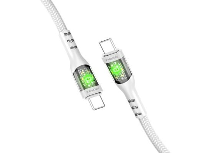 Promate TransLine-CC USB-C to USB-C Cable 60W Power Delivery Transparent Shells 120cm Nylon Braided Cord - White product thumbnail 2