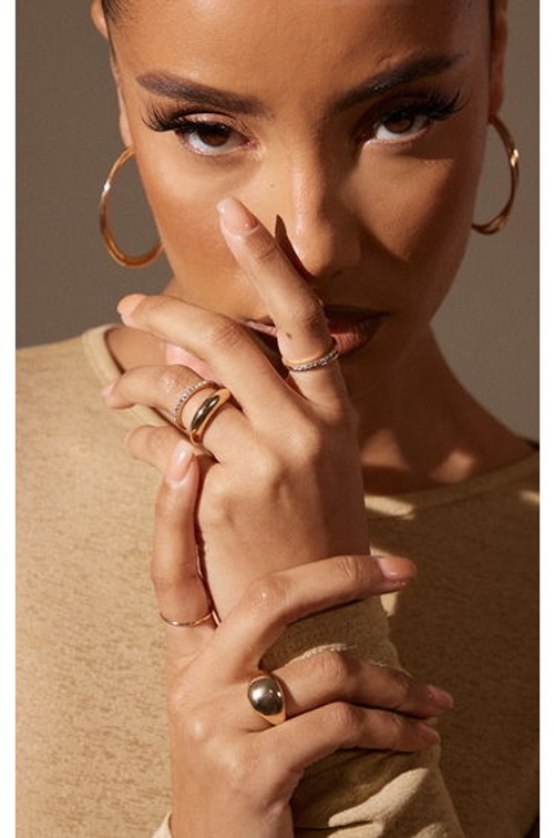 Gold Simple Curved Diamante 6 Ring Pack