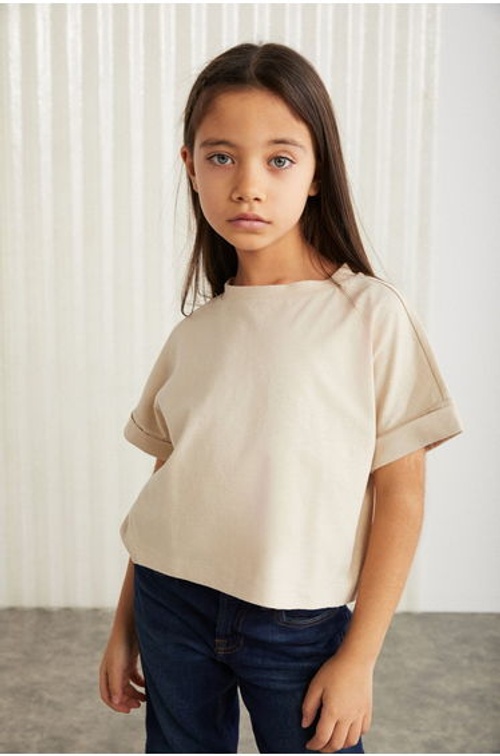 Verena Girl's 100% Cotton Double Sleeve Ornamental Label Beige T-shirt product thumbnail 3