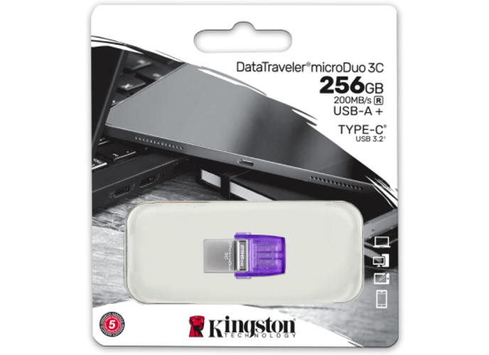 Kingston DataTraveler microDuo 3C 256GB USB-C & USB-A Flash Drive | Speeds up to 200 MB/s | USB 3.2 Gen 1 | Duo Connector | DTDUO3CG3/256GB product thumbnail 2