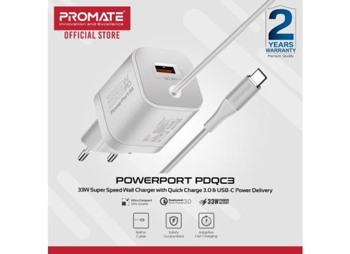 Promate PowerPort-PDQC3 USB-C Charger Premium 33W with 22.5W Quick Charge 3.0 Port & 1.5M Type-C Cable EU Interface - White product thumbnail 2