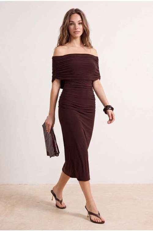 Brown Bodycon Carmen Collar Sleeveless Stretchy Knitted Dress