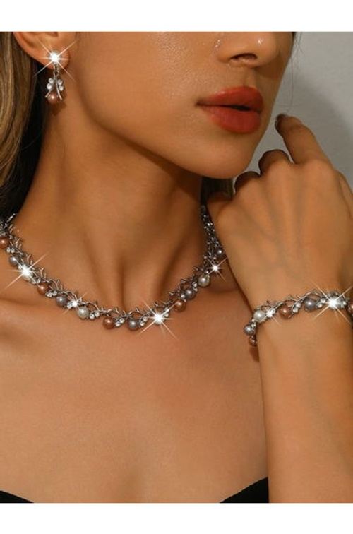 3-Piece Embellished Faux Pearl Necklace, Bracelet and Earrings Jewelry Set product thumbnail 2