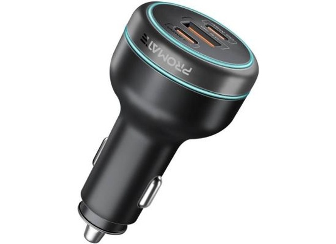 Promate Car Charger 230W Power Delivery, Rapid Charger With Dual USB-C Port 140W / 45W, & USB-A 3.0, 45W, for Laptop, Smartphone, Black product thumbnail 2