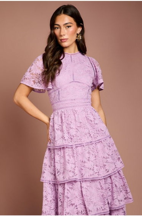 Tiered Lace Dress With Flutter Sleeve & Trims product thumbnail 2