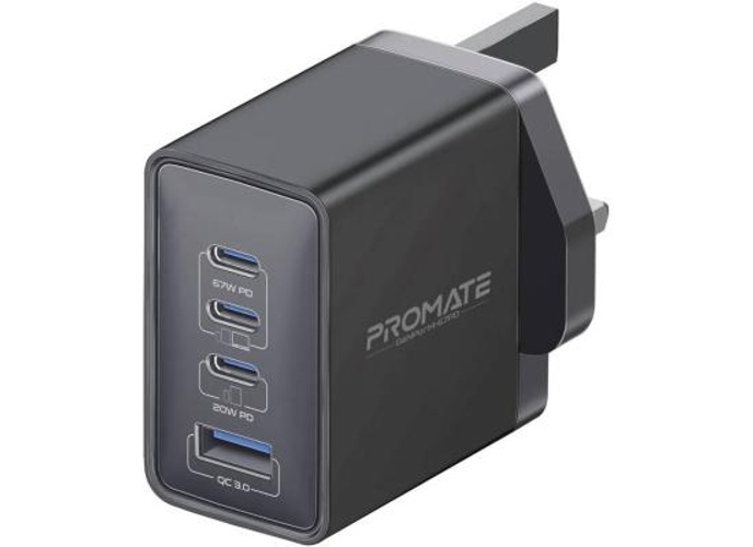 Promate GaNPort4-67PD 67W Power Delivery GaNFast Charger with Quick Charge 3.0, GaN Technology, Adaptive Fast Charging, Safety Protection, Multi-Device Wall Charger, Black product thumbnail 2