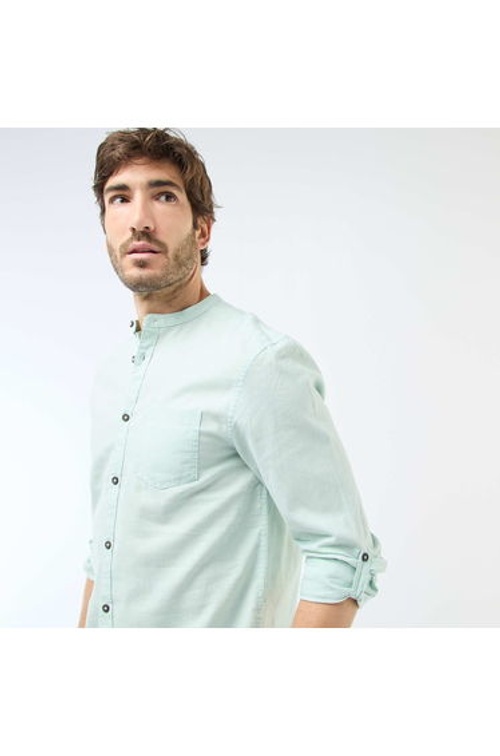 Mandarin collar shirt with linen GREEN product thumbnail 3