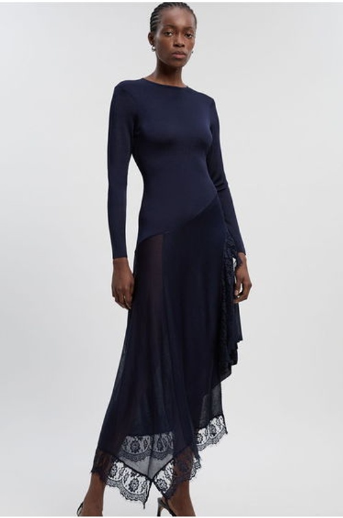 Viscose Blend Slinky Sheer Lace Detail Asymmetric Knit Maxi Dress product thumbnail 2