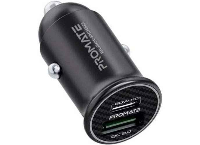 Promate Bullet-PD60 60W USB-C Car Charger Super-Fast Type-C w/ 18W Quick Charge 3.0 USB Port Aluminum Alloy & Over Charging Protection product thumbnail 2