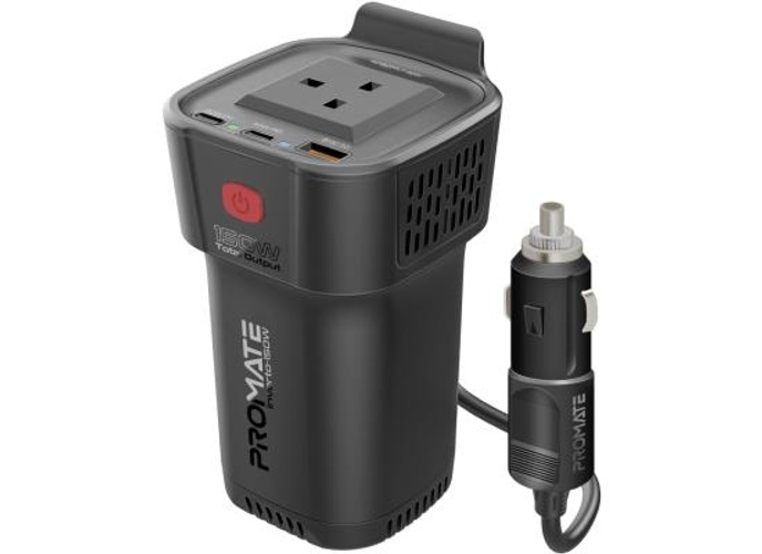 Promate 4-In-1 Multi-Port DC to AC Car Power Inverter with 150W AC Socket, Dual PD30W USB-C Ports, QC18W USB-A Ports, LED Power Indicators, Dedicated AC ON/OFF Button, Charge Protection - Black product thumbnail 2