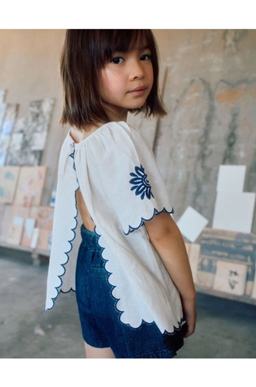 Blouse In Cotton And Linen With Flowers For Girls Light Beige Blue product thumbnail 2