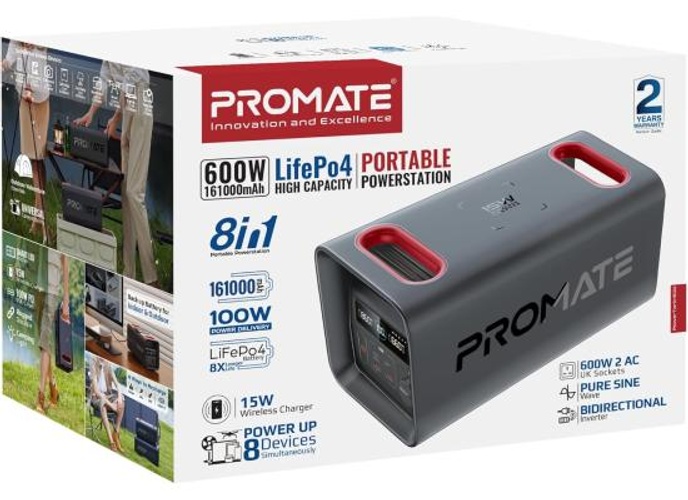 Promate PowerTank-600 600W LiFePO4 Power Station, 161000mAh, PD 100W & 30W USB-C, Dual 600W AC, QC 18W USB-A, 15W Wireless, DC Car Port, Solar Input, 1.8Hr Fast Recharge, Black product thumbnail 2