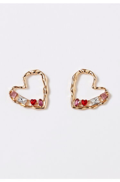 Colorful Rhinestone Hollow Heart Stud Earrings in Gold