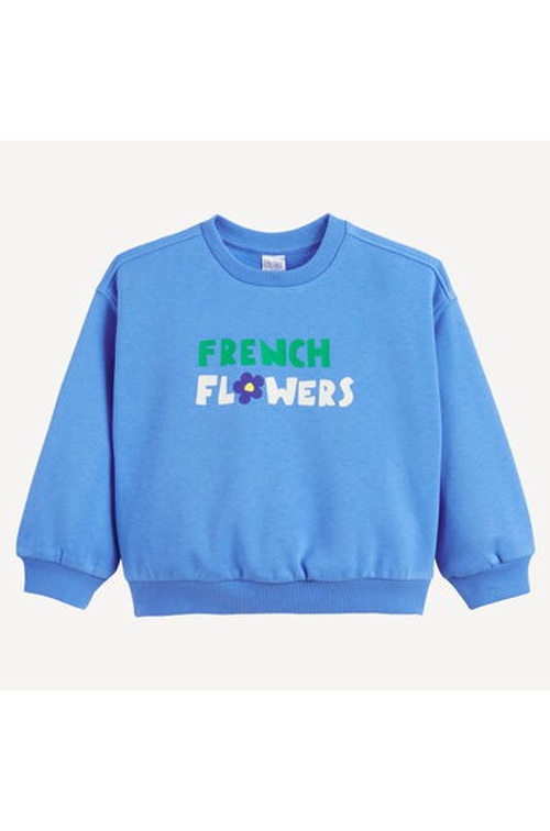 Fleece Crew Neck Sweatshirt Wit French Flowers Slogan Printed On Front