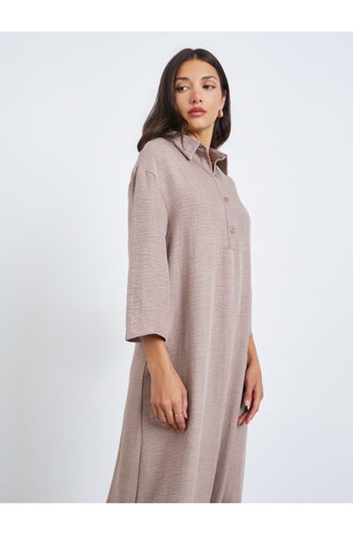 Women Beige Contrast Hem Collared Jalabiya product thumbnail 3