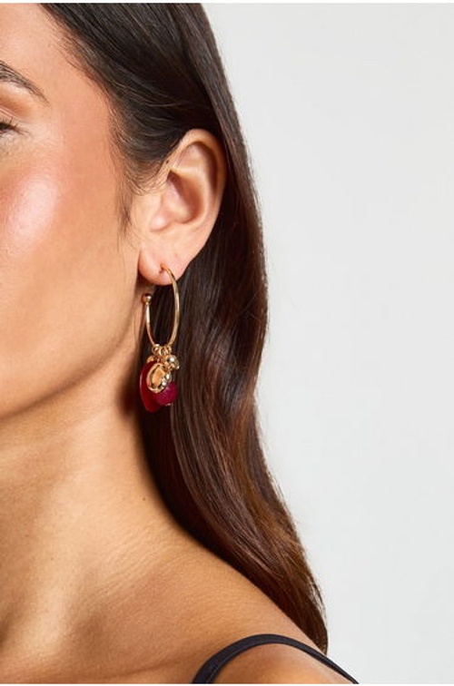 Burgundy Pendant Hoop Earrings - gold