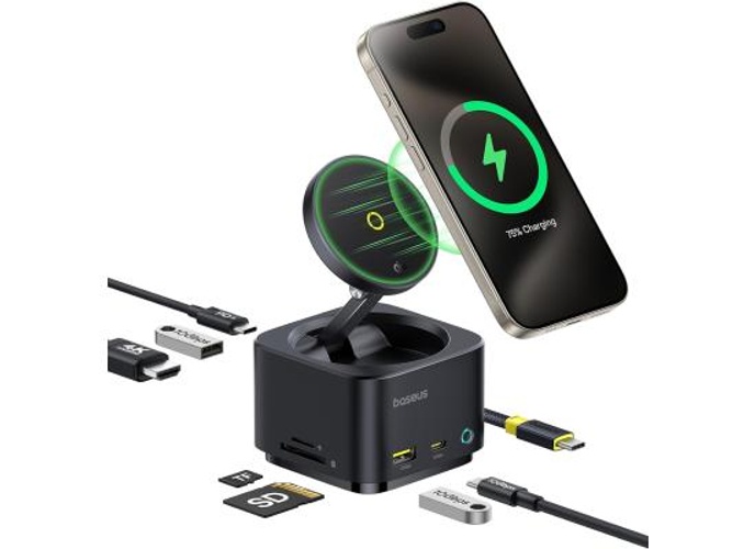 Baseus MagPro Series II 7-in-1 USB-C Hub with 15W Qi2 Wireless Charger, 4K@60Hz HDMI, 100W PD, 10Gbps Ports, SD Card Reader – Black product thumbnail 2