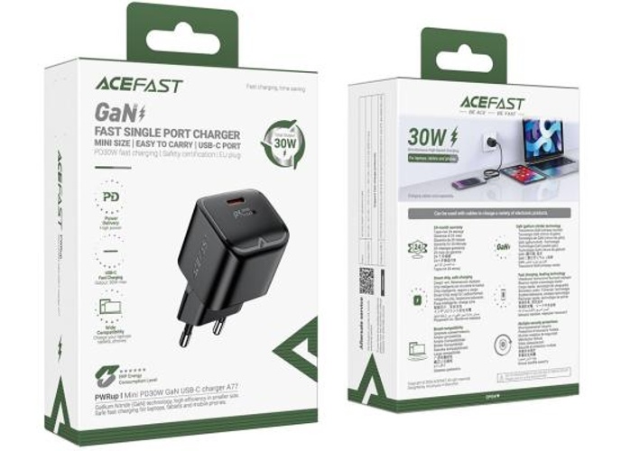 ACEFAST A77 Mini PD 30W GaN Wall Charger Type-C Port Phone Fast Charging Adapter, EU Plug - Black product thumbnail 2