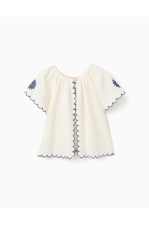 Blouse In Cotton And Linen With Flowers For Girls Light Beige Blue product thumbnail 4