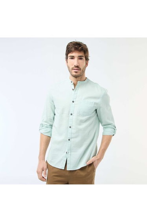 Mandarin collar shirt with linen GREEN product thumbnail 2