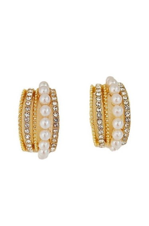 Rhinestones Pearls C-Shaped Hoop Earrings