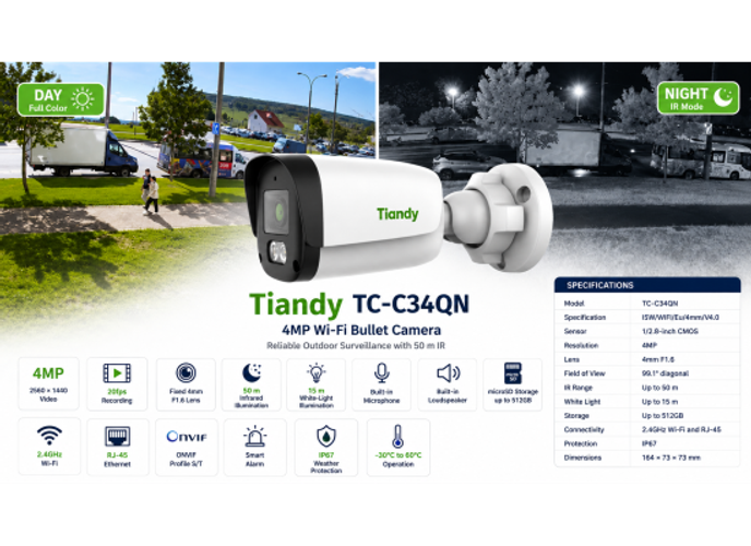 Tiandy TC-C34QN I5W/WIFI/Eu/4mm/V4.0 4MP Fixed IR Wi-Fi Bullet Camera product thumbnail 2