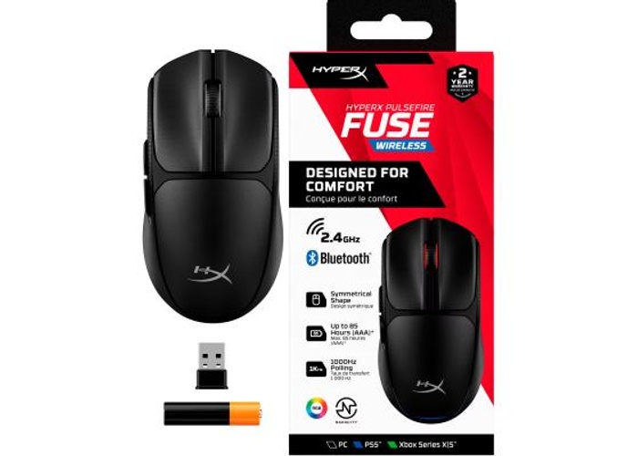Hyperx Pulsefire Fuse Wireless & Bluetooth Lightweight 75G Long Battery Life Up to 850 hours up to 12k Dpi LED RGB Lighting 2 Support PC, PS5™, Xbox Series X|S , Black product thumbnail 2
