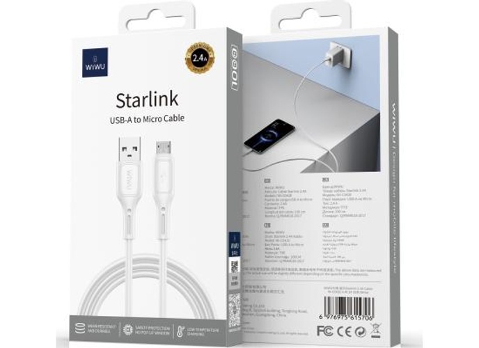 WiWU Wi-C042E A-M 2.4A Charging Cable USB - A to Micro USB Data Transfer Cable 1M - White product thumbnail 2