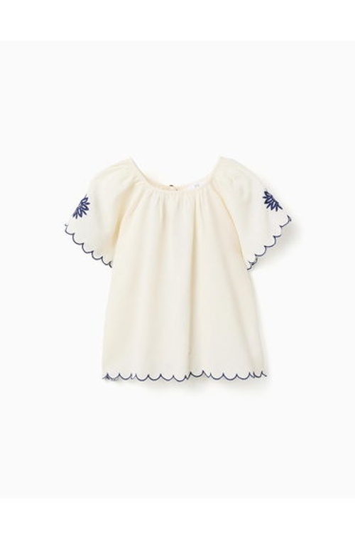 Blouse In Cotton And Linen With Flowers For Girls Light Beige Blue product thumbnail 3