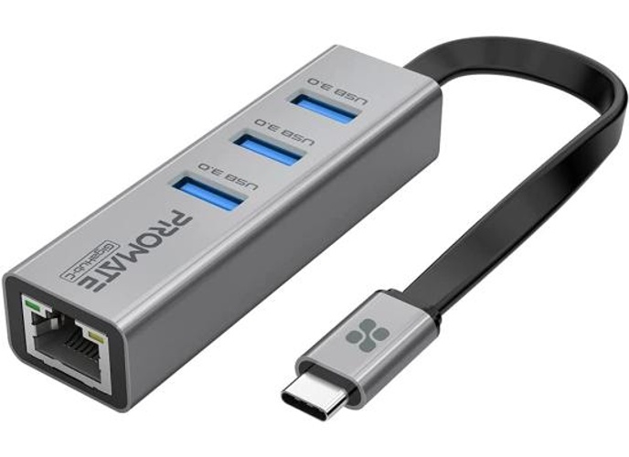 Promate GigaHub-C USB-C to Ethernet Adapter Hub Aluminum USB-C Hub to 10/100/1000Mbps Ethernet Port 5 Gbps Sync Charge 3x USB 3.0 Ports product thumbnail 2