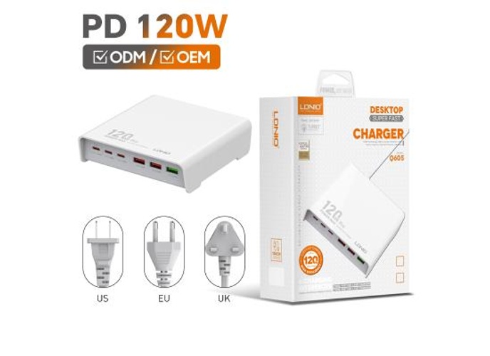 LDNIO Q605 120W 6 Ports USB C PD Tablet Laptop Fast Charger Multi-port High Power Desktop Charger US EU UK Plug Charger Adapter - White product thumbnail 2