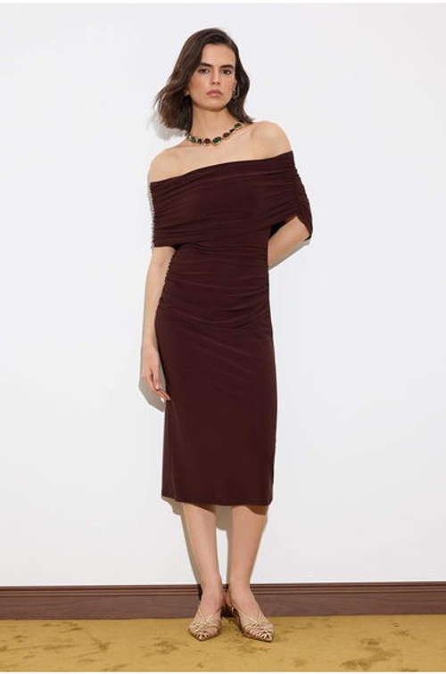 Brown Bodycon Carmen Collar Sleeveless Stretchy Knitted Dress product thumbnail 2