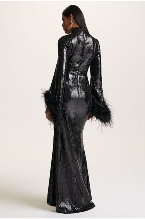 Cosmic Star | Black Sequin High-Neck Maxi Dress With Feather Cuffs product thumbnail 2