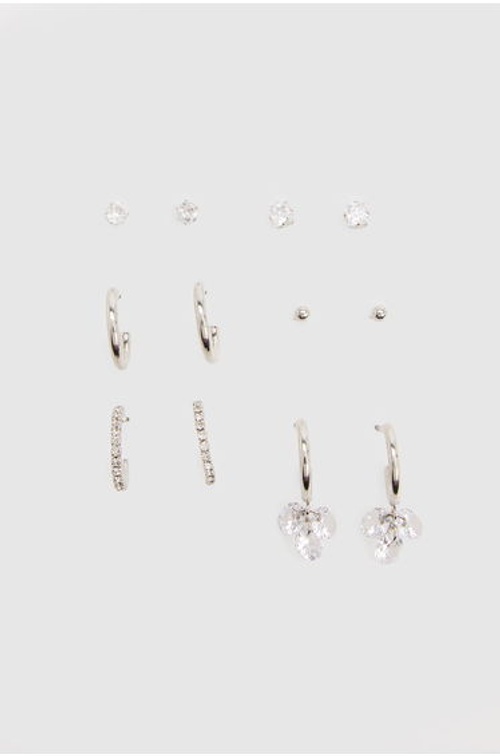 Diamante Stud and Hoop Earrings 6 Pack - silver