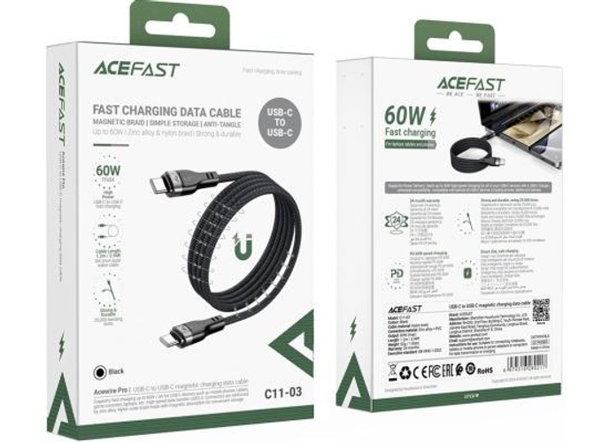 ACEFAST C11-03 1.2m USB-C to USB-C 60W Fast Charging Cable Magnetic Braided Data Cord - Black product thumbnail 2