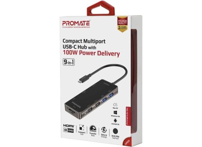 Promate PrimeHub-Go 9-In-1 USB Type-C Adapter w/ 1000Mbps Lan 100W USB-C Power Delivery 4K HDMI 4 USB Ports & TF/SD Card Slot product thumbnail 2