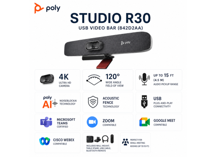 Poly Studio R30 4K USB Video Bar for Small Meeting Rooms – 842D2AA#ABA product thumbnail 2