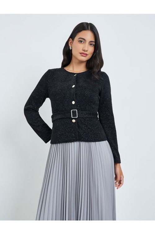 Black Tweed Pleated A-Line Maxi Dress with Belt product thumbnail 3