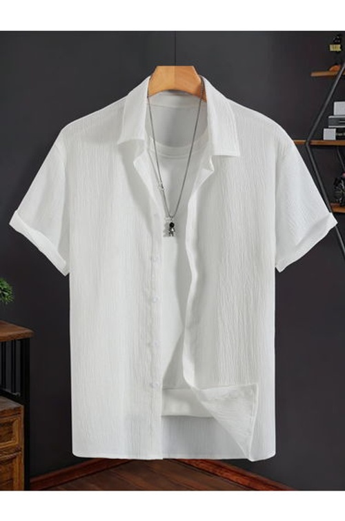 Men White Textured Short Sleeve Shirt