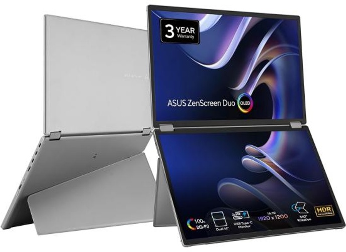 ASUS MQ149CD ZenScreen Duo OLED 360° Foldable Portable Monitor - Dual 14-inch, 16:10, 1920x1200, DisplayHDR400 True Black, 100% DCI-P3, Delta<2, Dual USB-C, Mini-HDMI, Kickstand product thumbnail 2