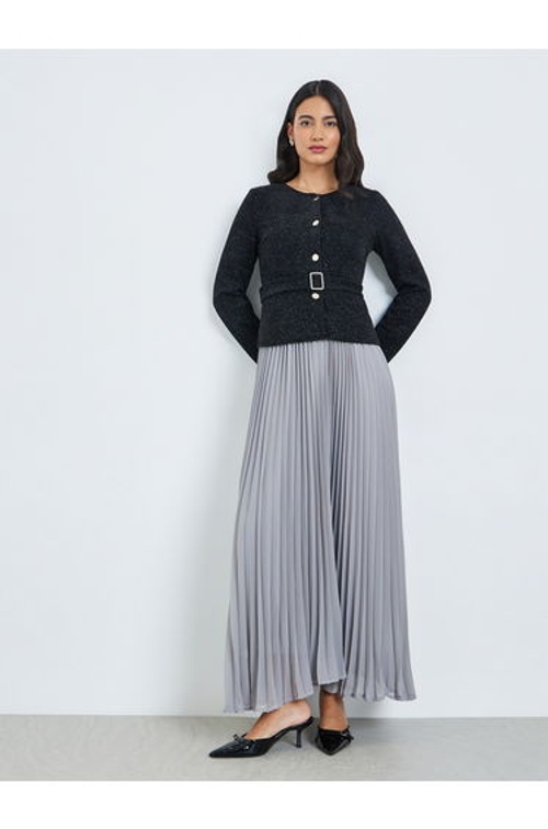 Black Tweed Pleated A-Line Maxi Dress with Belt