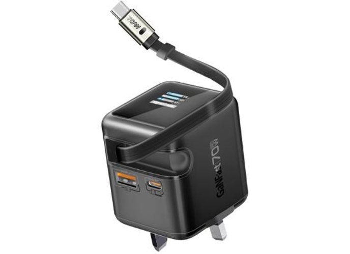 Promate Cubix-R70 70W GaNFast Charger with Retractable 80cm USB-C Cable, Dual USB-C PD 70W, USB-A 60W Port, 1.14” TFT Smart Display, UK Plug, Compact Wall Adapter for MacBook, iPhone 17, Galaxy Black product thumbnail 2