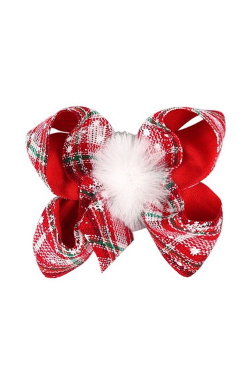 Fuzzy Pom-Pom Plaid Bowknot Hair Clip