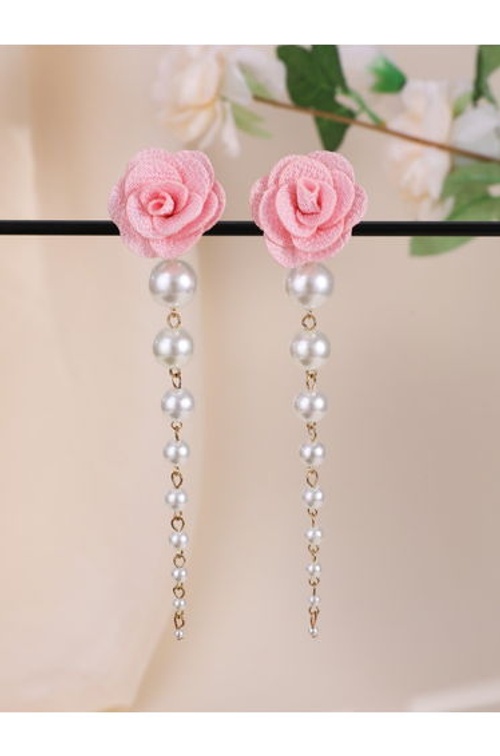 Pink Rose and Pearl Dangle Earrings product thumbnail 2