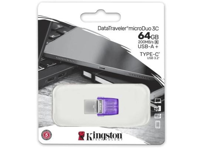 Kingston DataTraveler microDuo 3C 64GB USB-C & USB-A Flash Drive | Speeds up to 200 MB/s | USB 3.2 Gen 1 | Duo Connector | DTDUO3CG3/64GB product thumbnail 2
