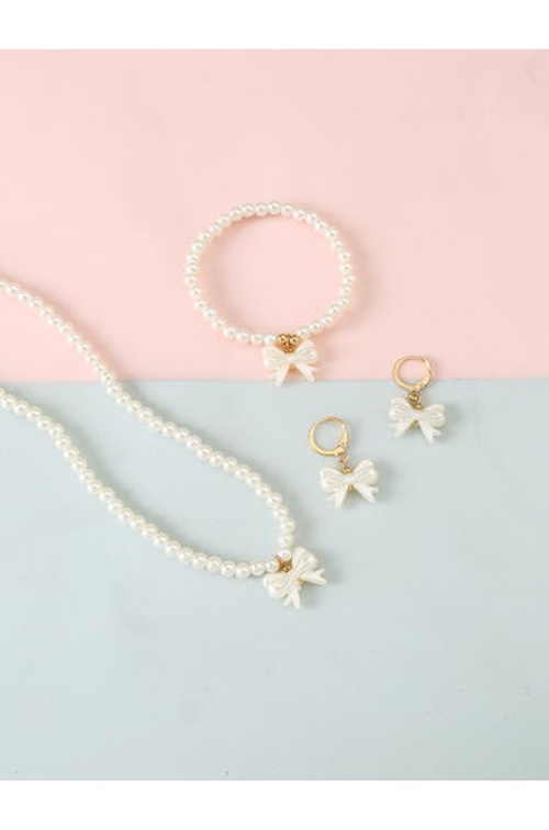 Set of 4 - Flower Pendant Faux Pearl Necklace, Bracelet, Earrings and Ring product thumbnail 4