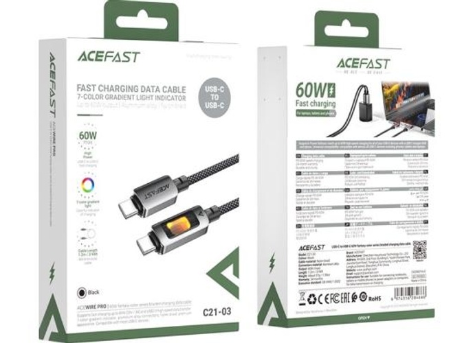 ACEFAST C21-03 1.2m USB C to USB C Cable 60W Charging Data Transfer Braided Cord with Colorful Light - Black product thumbnail 2