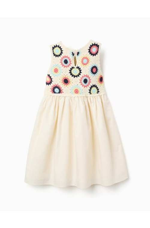 Dual-Fabric Dress With Crochet Flowers For Girls, Light Beige product thumbnail 2