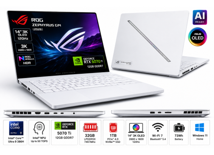 ASUS ROG Zephyrus G14 (2026) GU405AR-SY015 Gaming Laptop | Intel Core Ultra 9 386H | RTX 5070 Ti 12GB | 32GB LPDDR5X | 1TB SSD | 14" 3K OLED 120Hz | Platinum White product thumbnail 2